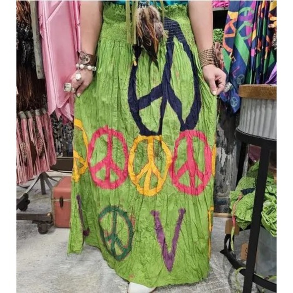 A Rare Bird Green Peace Love Cotton Smocked Maxi Skirt Boho Festival O/S xx
